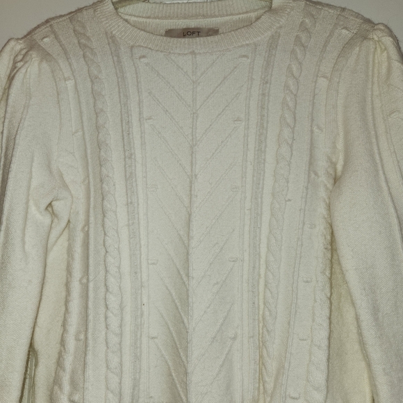 Loft White Bobble-Knit  Sweater Ruffle Hem & Puff Shoulders Size L Minimalist - Picture 5 of 11